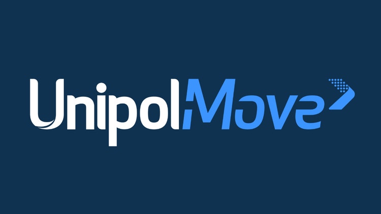 Logo UnipolMove bianco e azzurro su sfondo blu scuro.